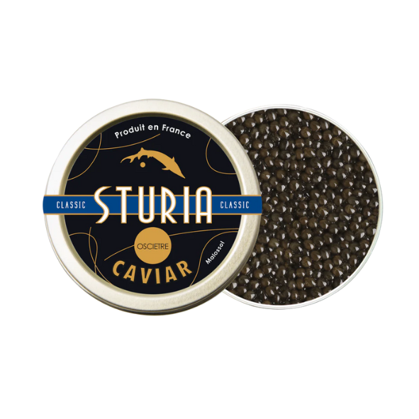 Le caviar Sturia Osciètre est réputé pour sa finesse et son goût délicat, offrant des grains de couleur dorée à brune, avec des notes de noisette et une texture fondante.